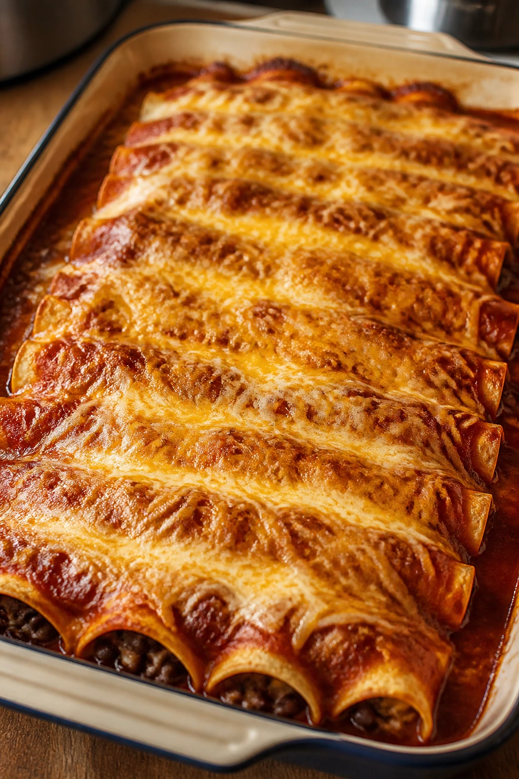 Baking dish filled with bean and cheese enchiladas topped with sauce