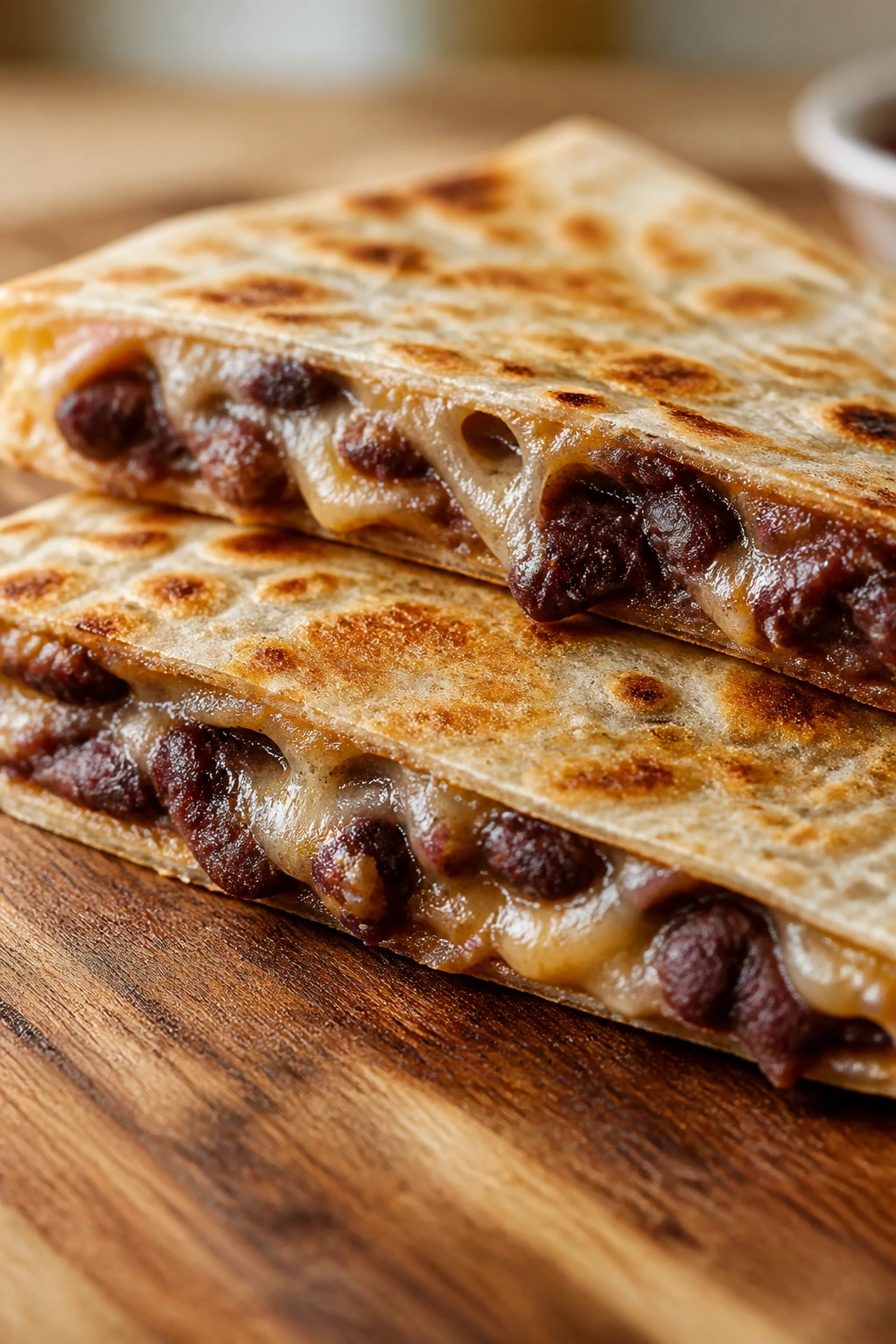 Close-up of bean and cheese quesadilla showing melted cheese