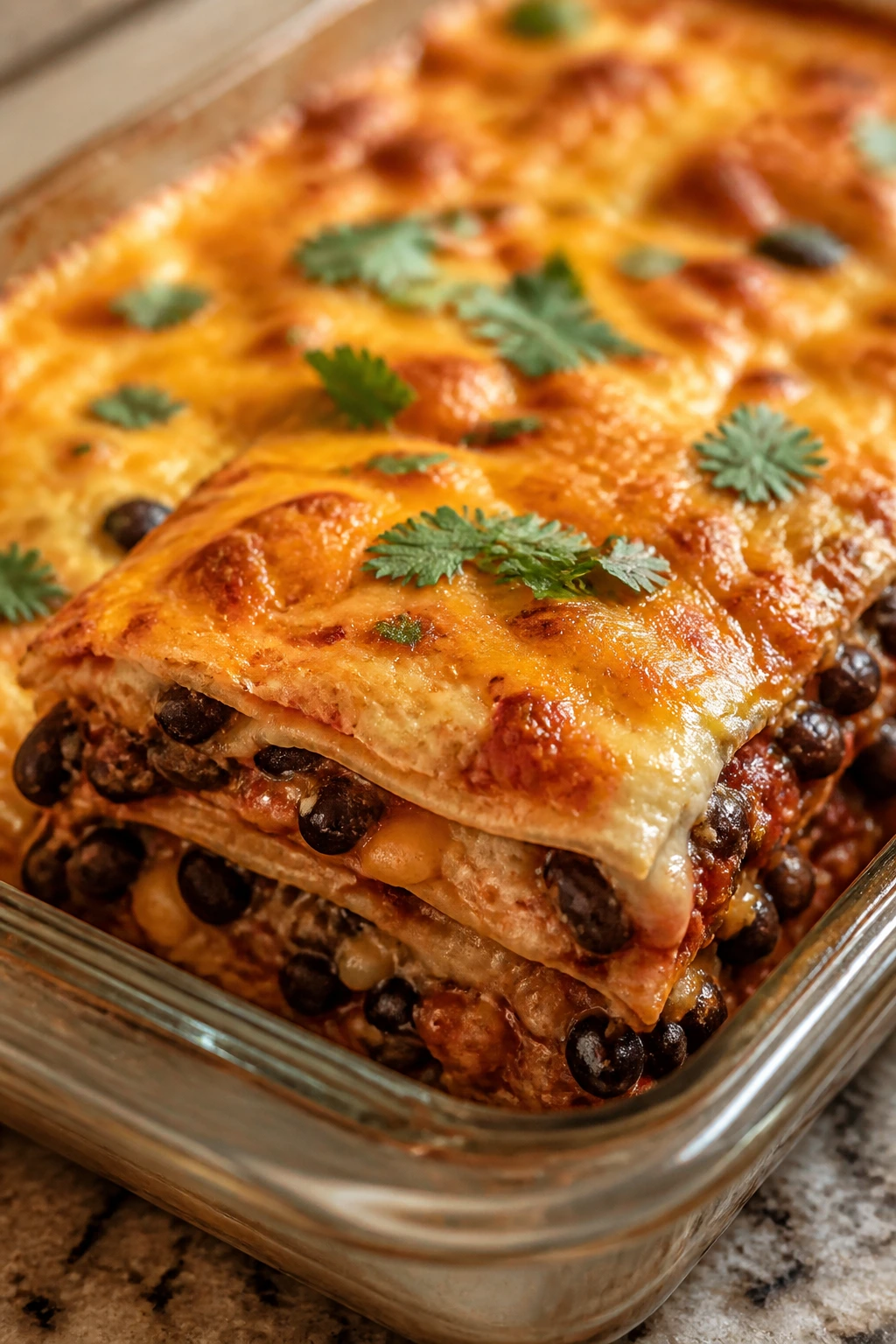 Close-up of layered bean and cheese quesadilla bake slice