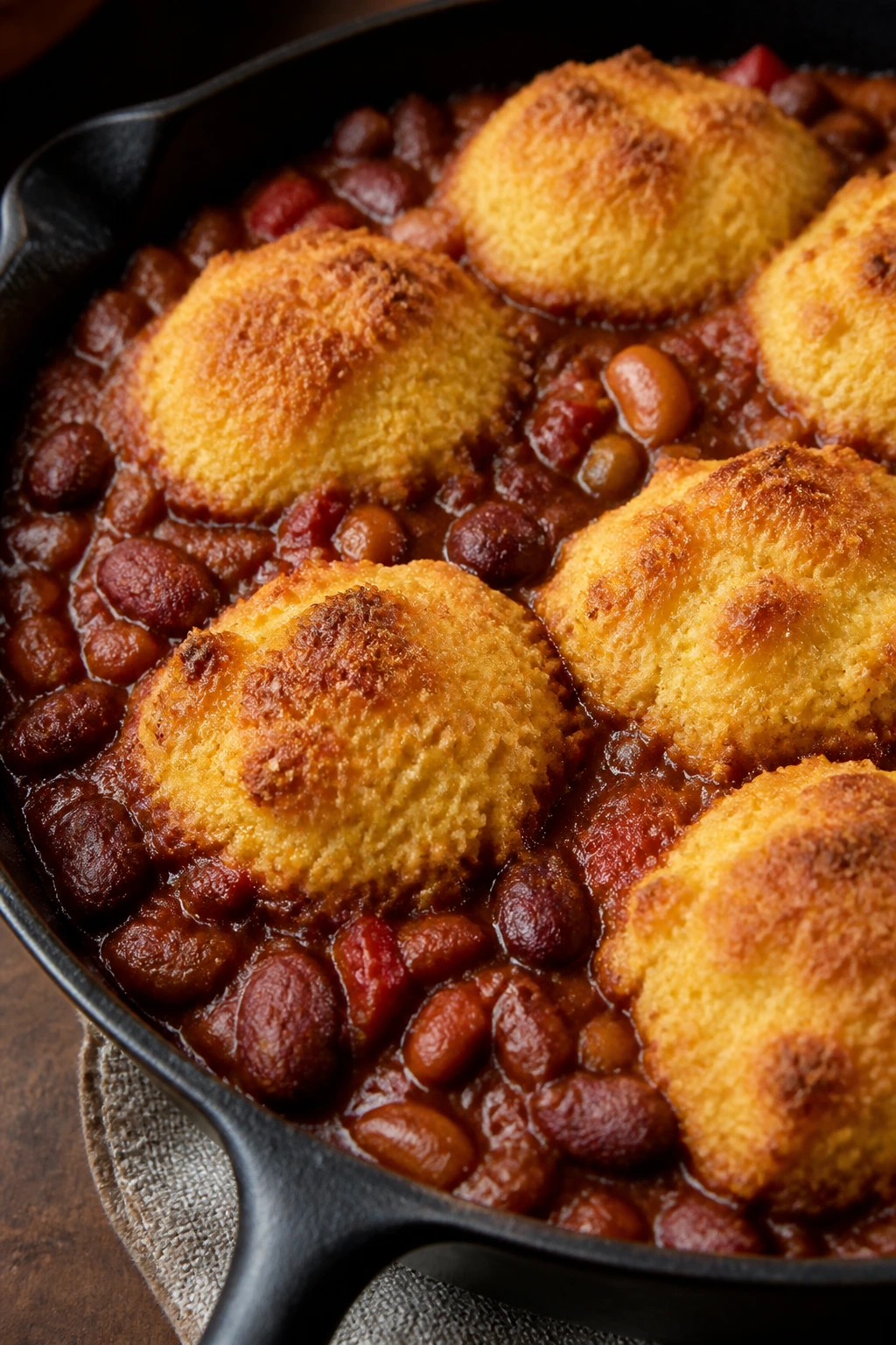 Close-up of bean chili with cornbread topping in a bowl