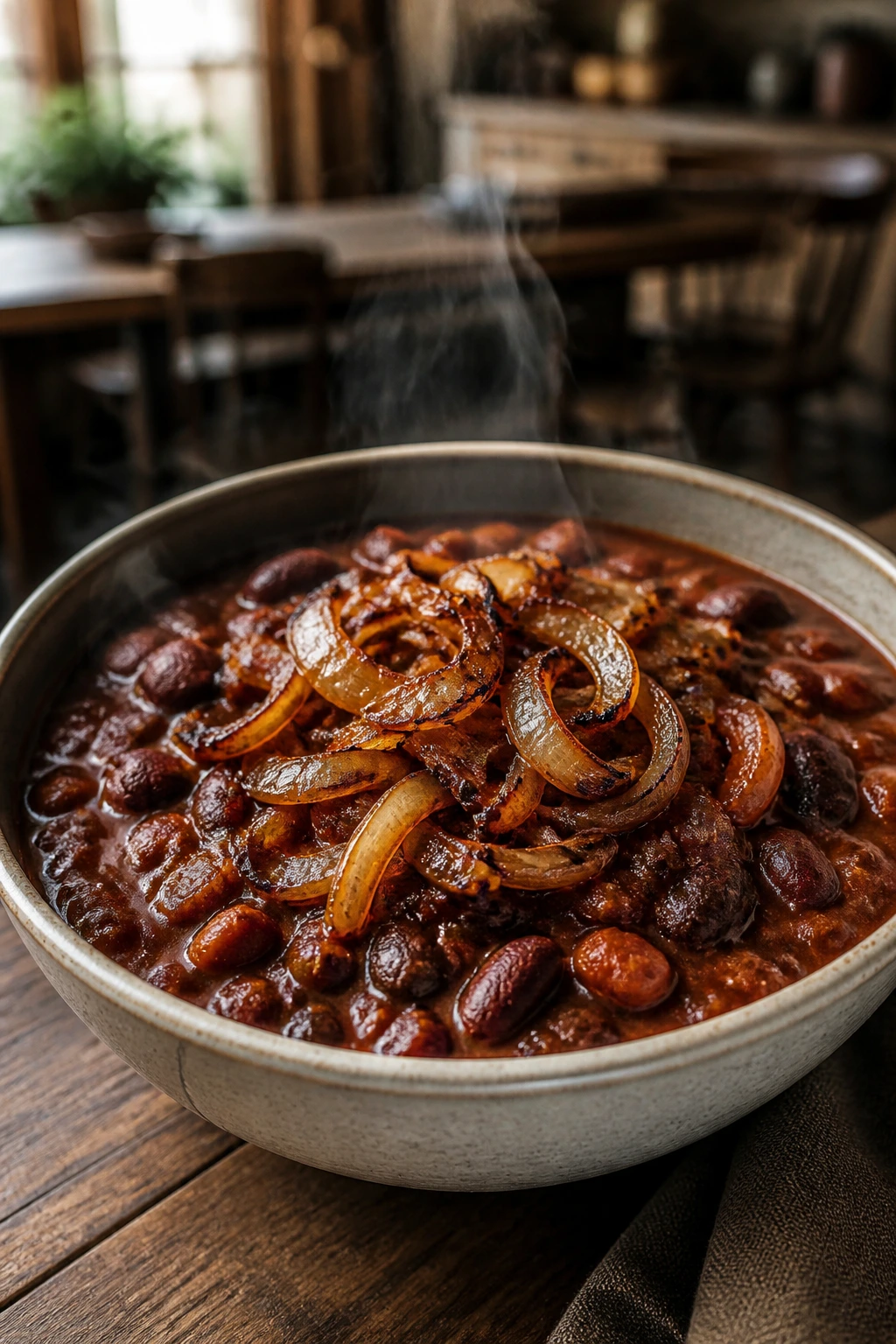Thick bean chili with onions in a bowl on a wooden table