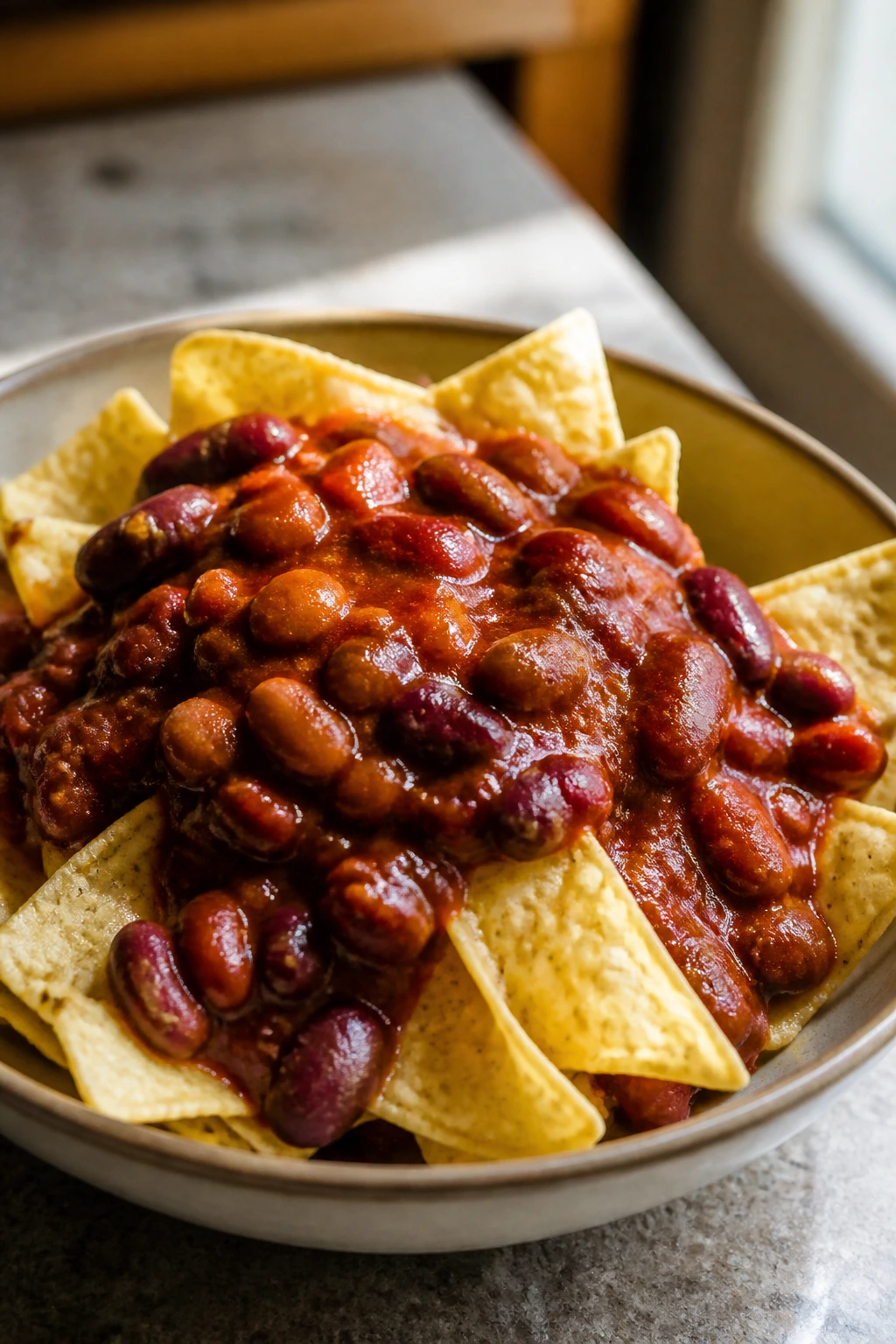 Chili-topped tortilla chips in a bowl on a warm kitchen counter