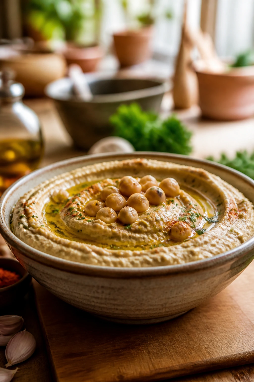 Close-up of creamy chickpea dip in a rustic bowl on a wooden counter