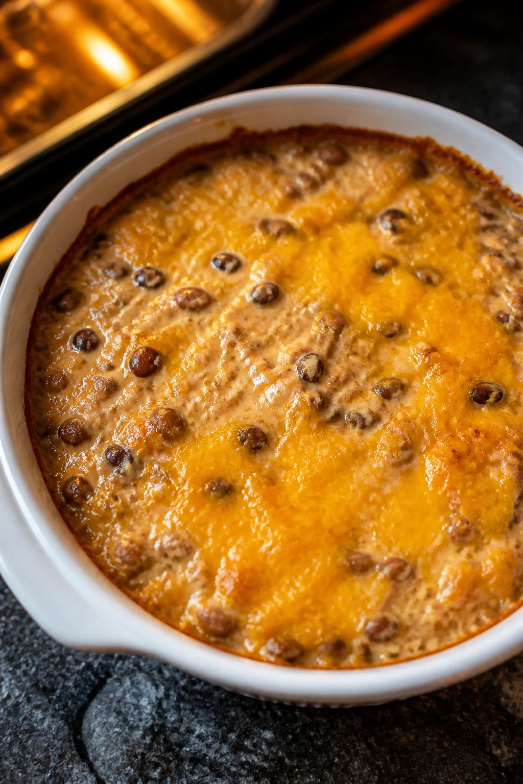 Bubbling warm bean and cheese dip in a baking dish