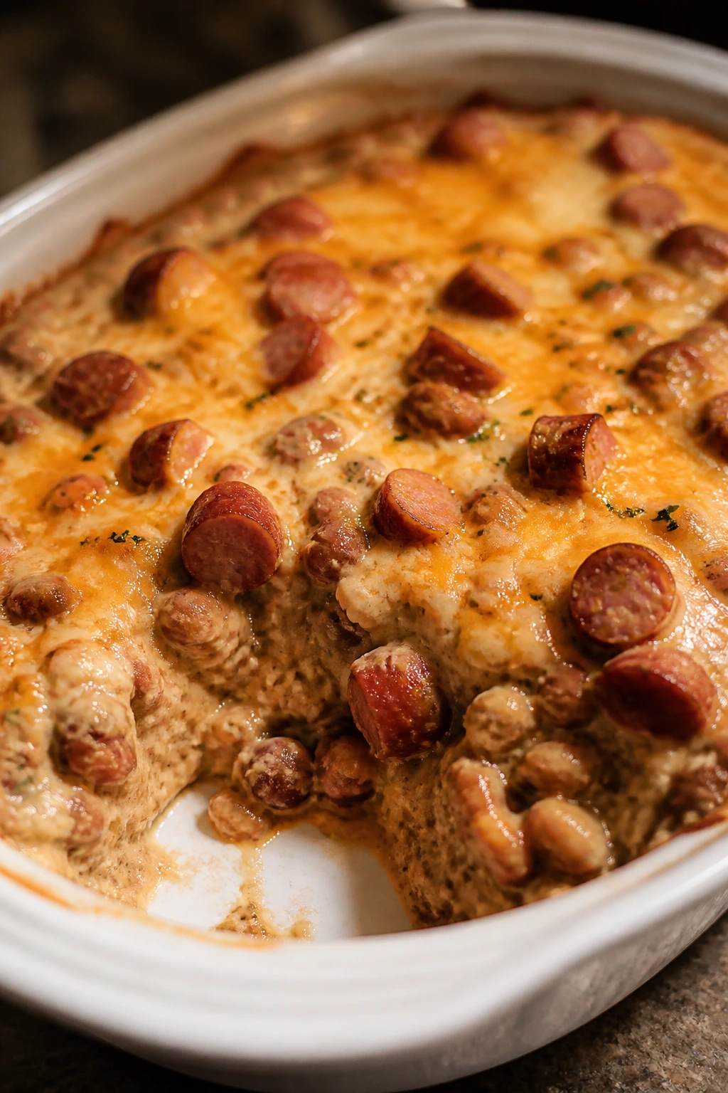 Bubbling bean dip bake with sausage and melted cheese