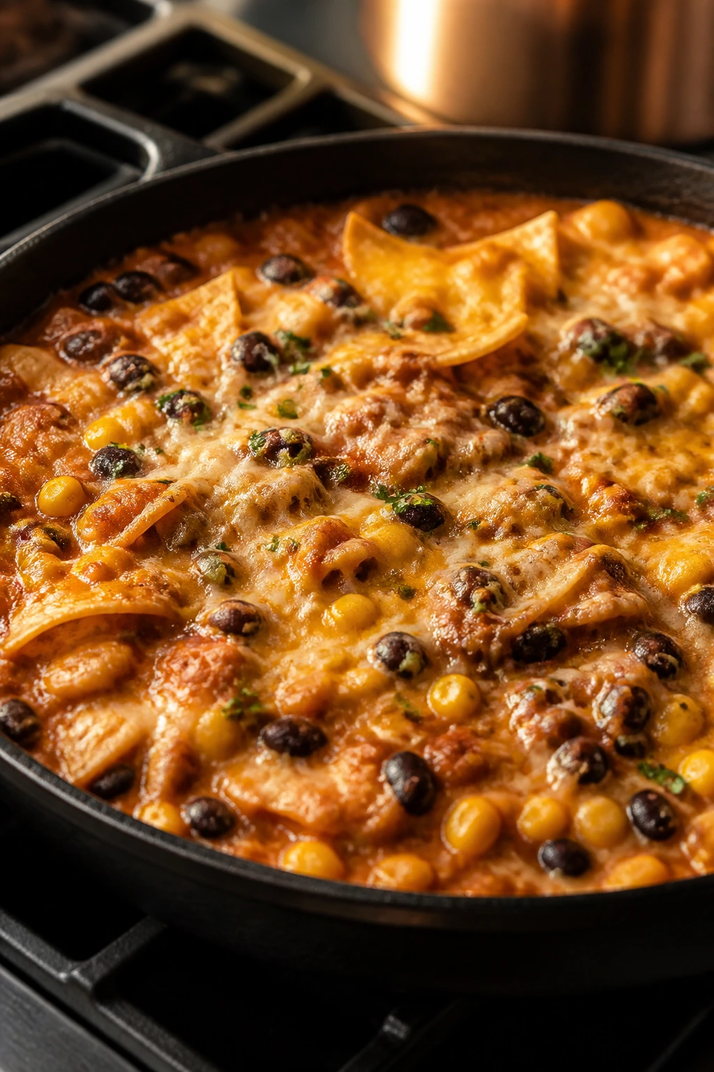 Close-up of Bean Enchilada Skillet with beans, corn, tortillas and melted cheese in a warm kitchen