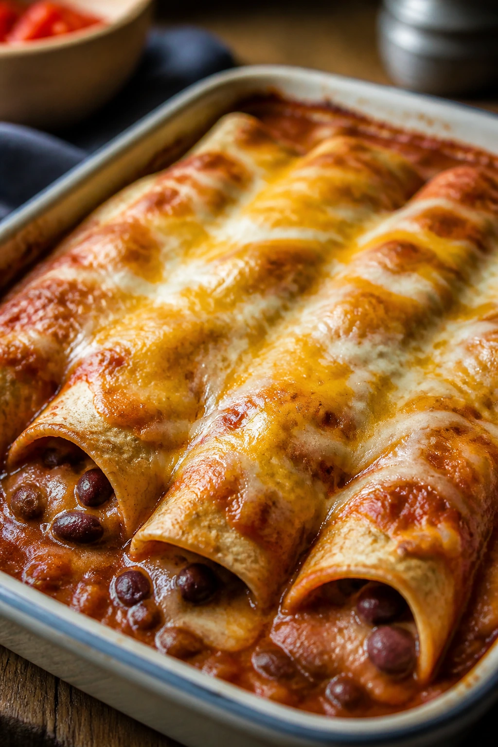 Close-up of bean and cheese enchiladas in a baking dish with bubbling sauce