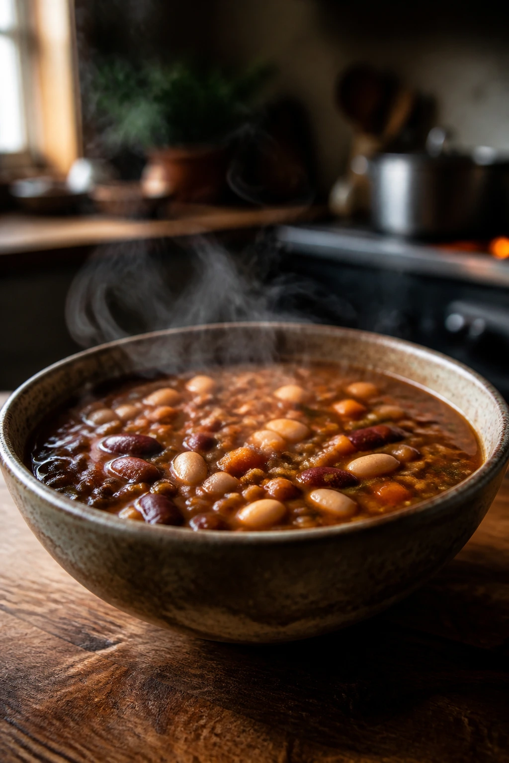Steaming bean and lentil soup in a rustic bowl on a wooden counter