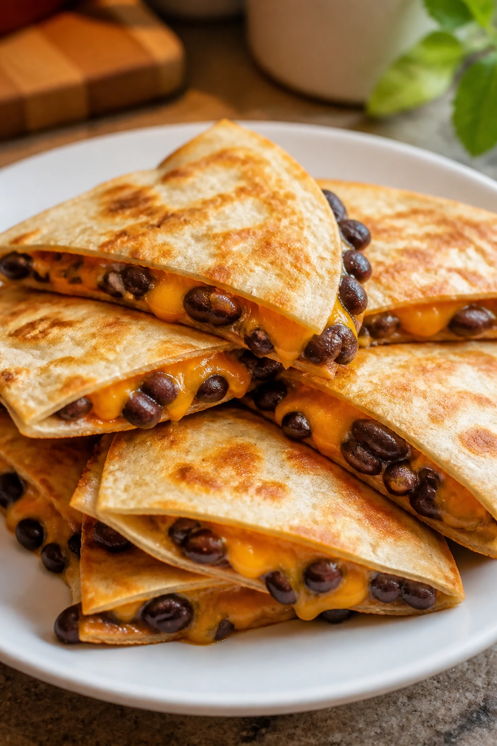 Quesadilla wedges with melted cheese and beans on a plate