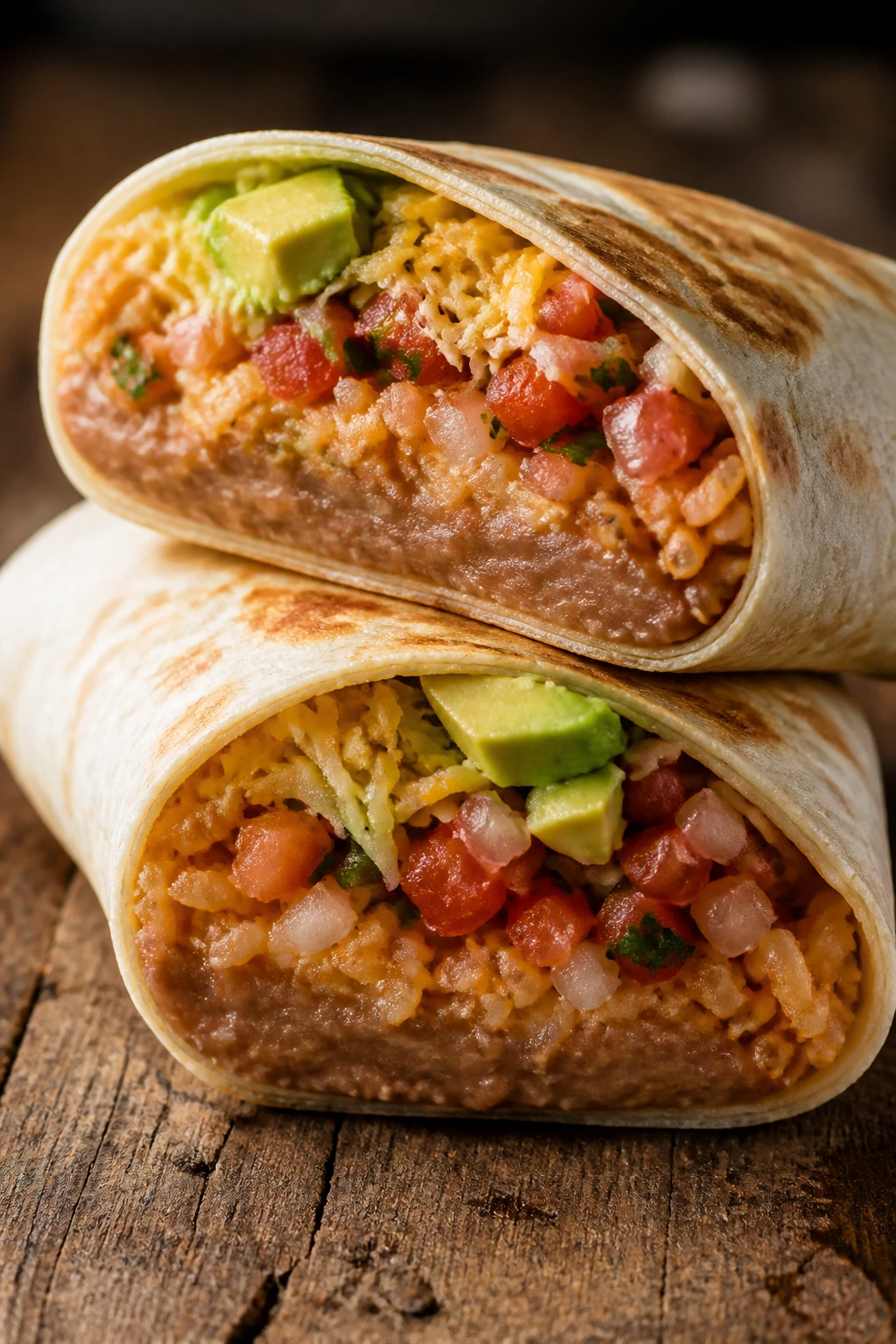 Cross-section of burrito with refried beans, rice, pico, cheese, avocado.