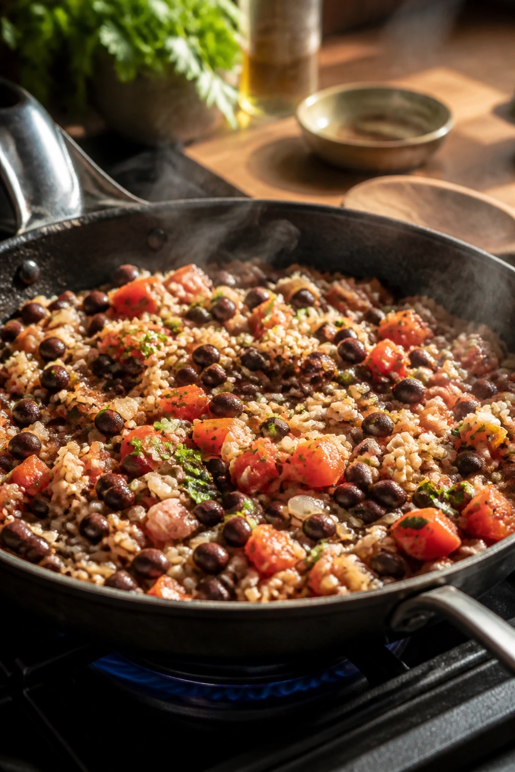 Sizzling bean-and-rice skillet on a stove in a cozy kitchen