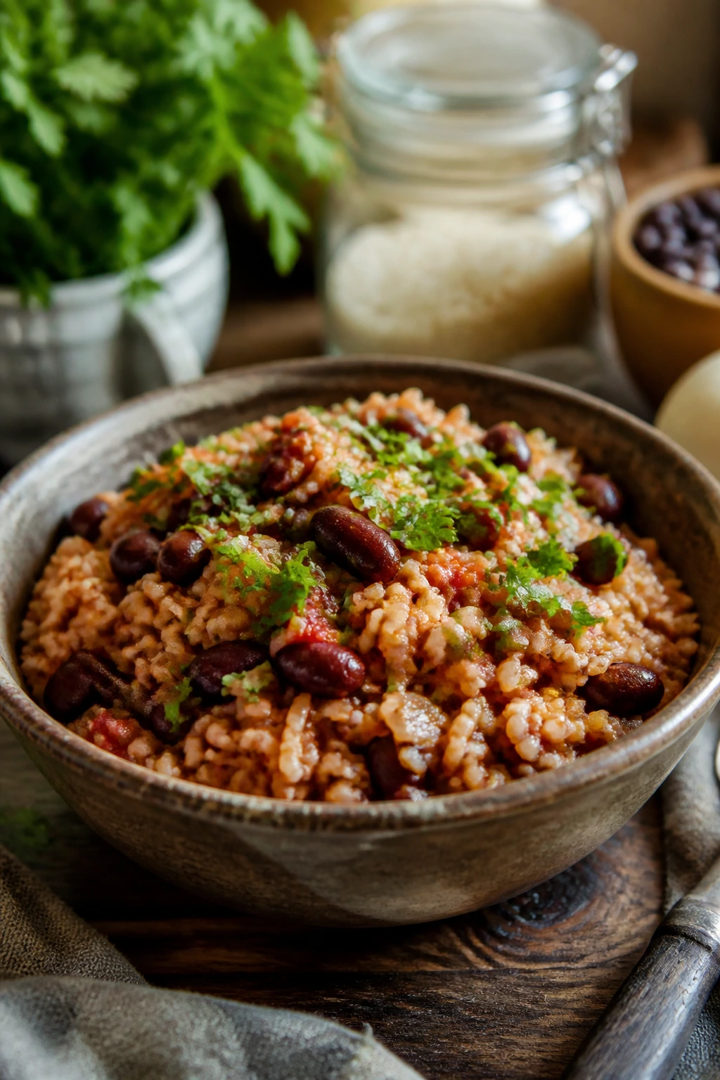 Rustic bowl of bean-and-rice dish with herbs in a cozy kitchen