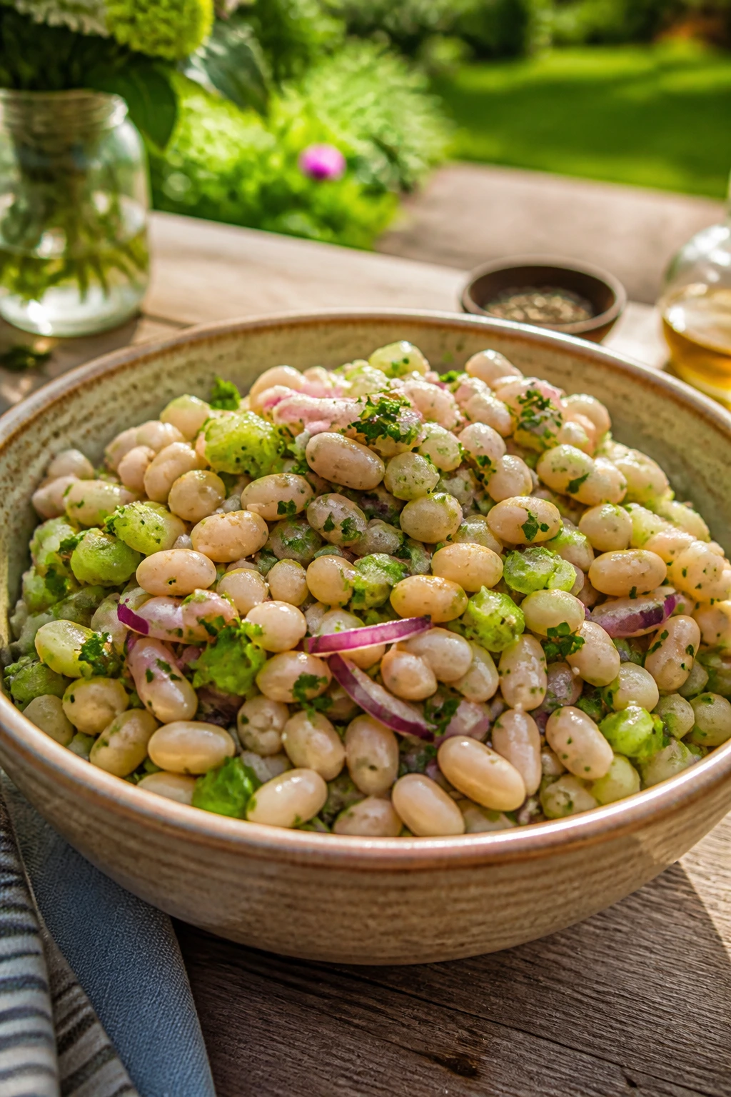 Close-up of marinated bean salad in a bowl on a sunny backyard table