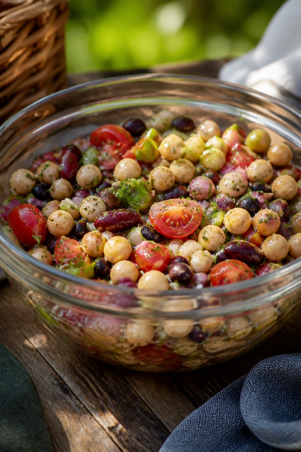 Close-up of a bean salad in a glass bowl on a wooden picnic table outdoors.