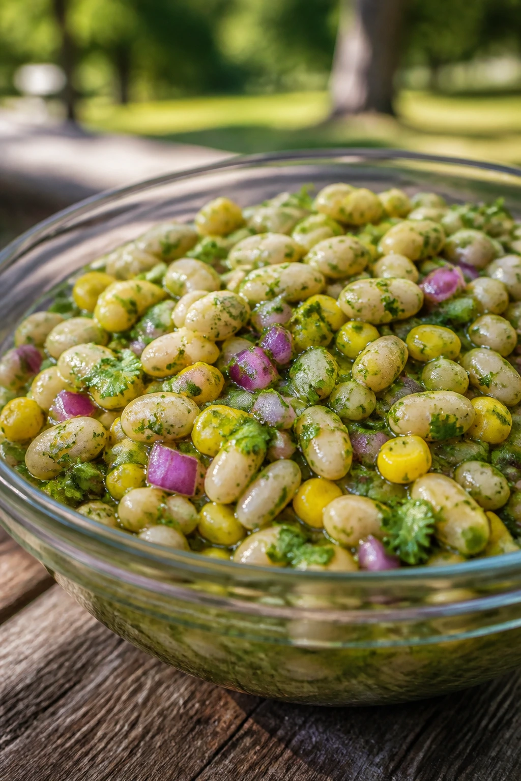 Bright salsa verde bean salad in a glass bowl on a wooden table