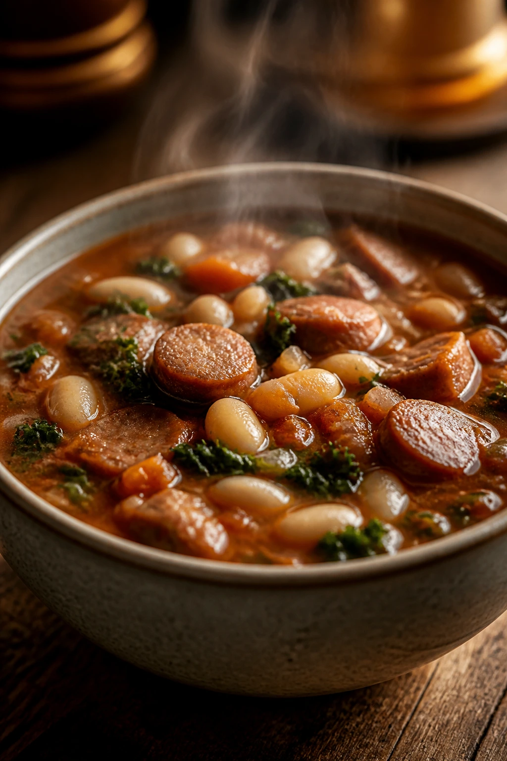 Steaming bowl of bean and sausage soup filling the frame