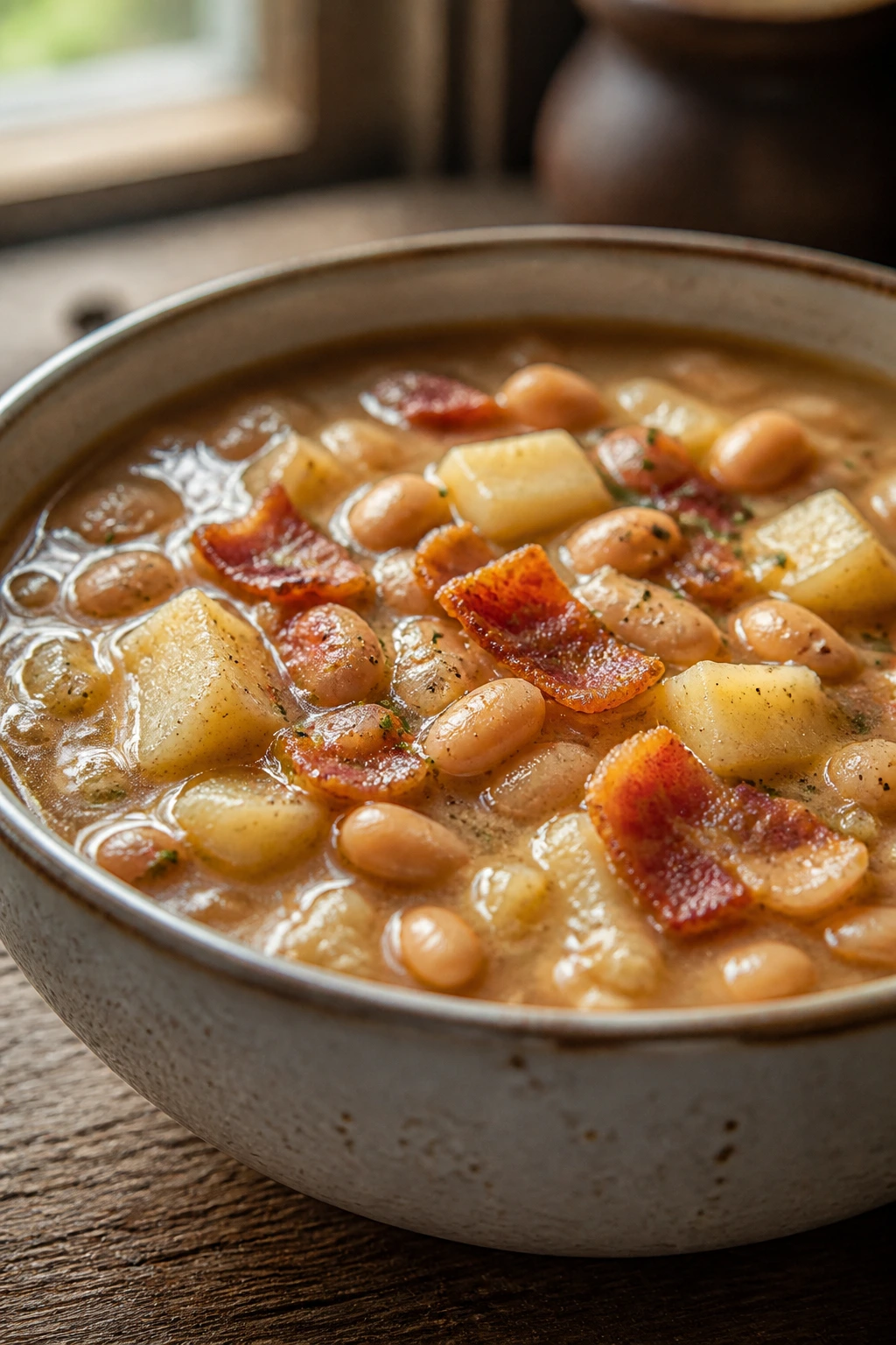 Close-up of bean soup with potatoes and bacon in a rustic kitchen