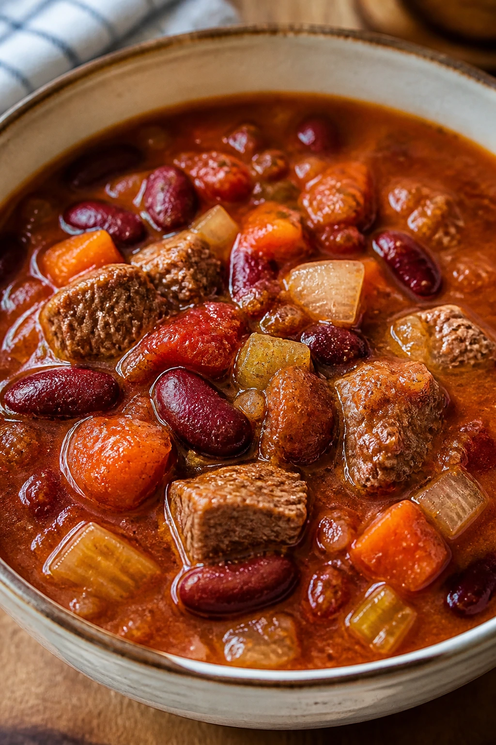 Hearty kidney bean beef vegetable soup in a warm kitchen setting