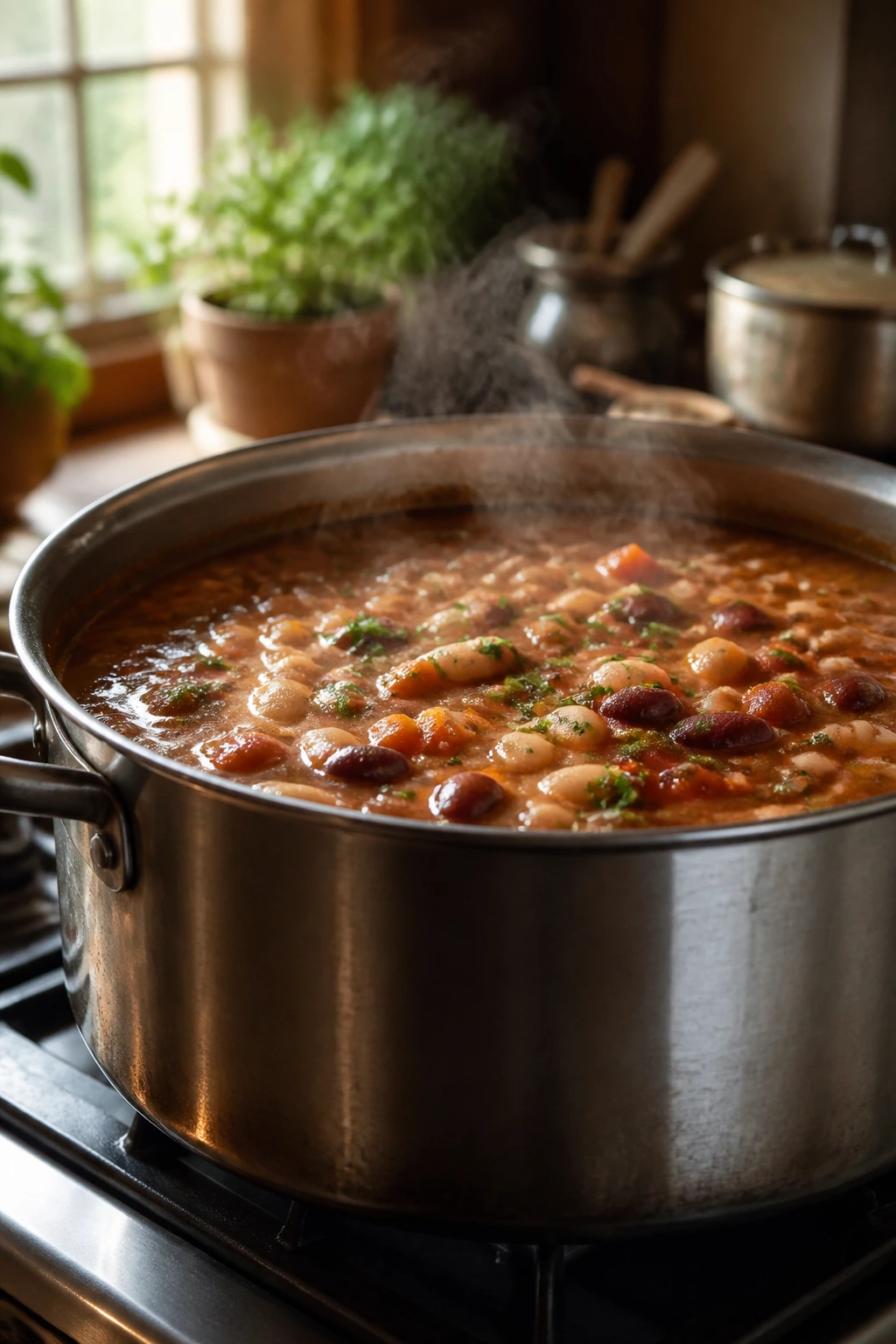 Large pot of bean soup simmering on a stove in a cozy kitchen, ready for a crowd