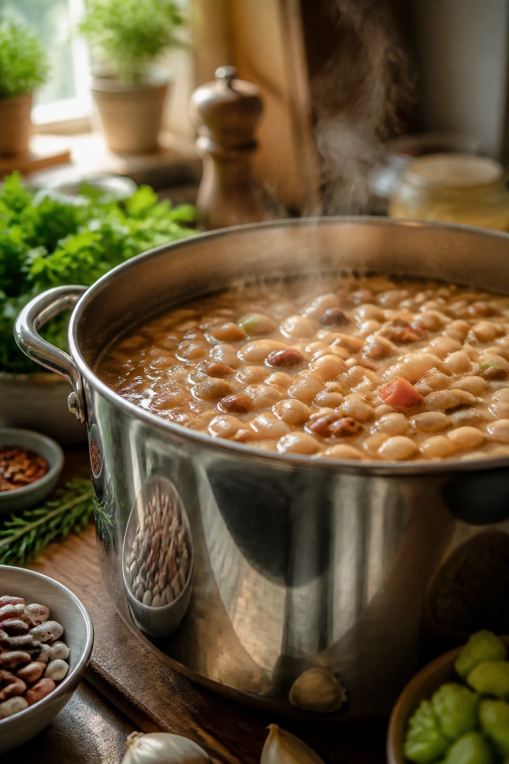 Large bean soup pot steaming in a warm kitchen, symbolizing questions about cooking for a crowd.