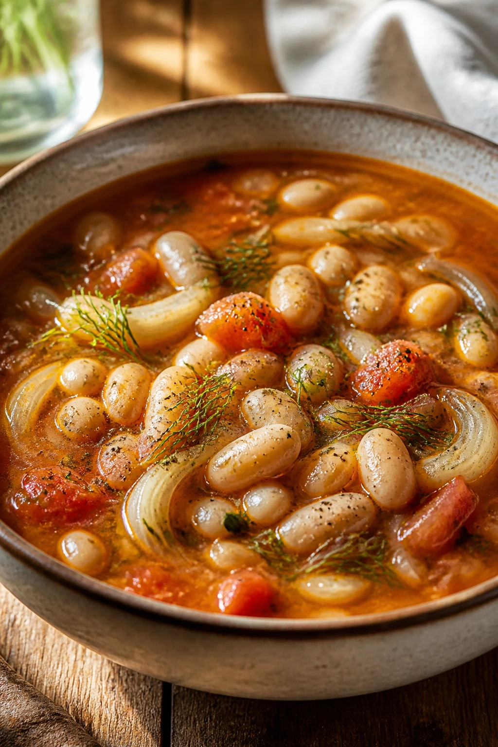 Steaming bowl of fennel-flavored bean soup with white beans and tomato broth