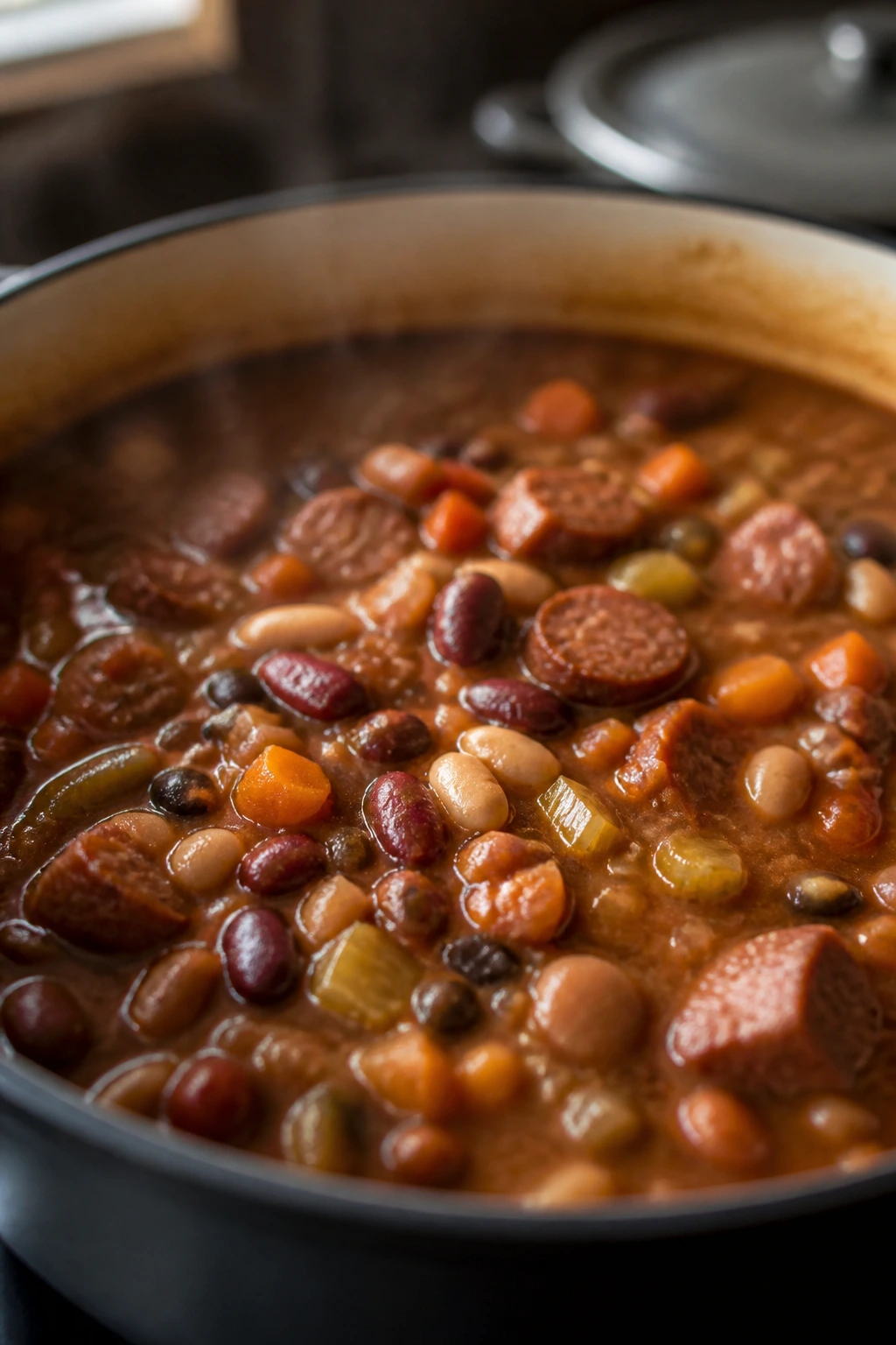 Pot of 15-bean soup showing beans and sausage with vegetables in broth.