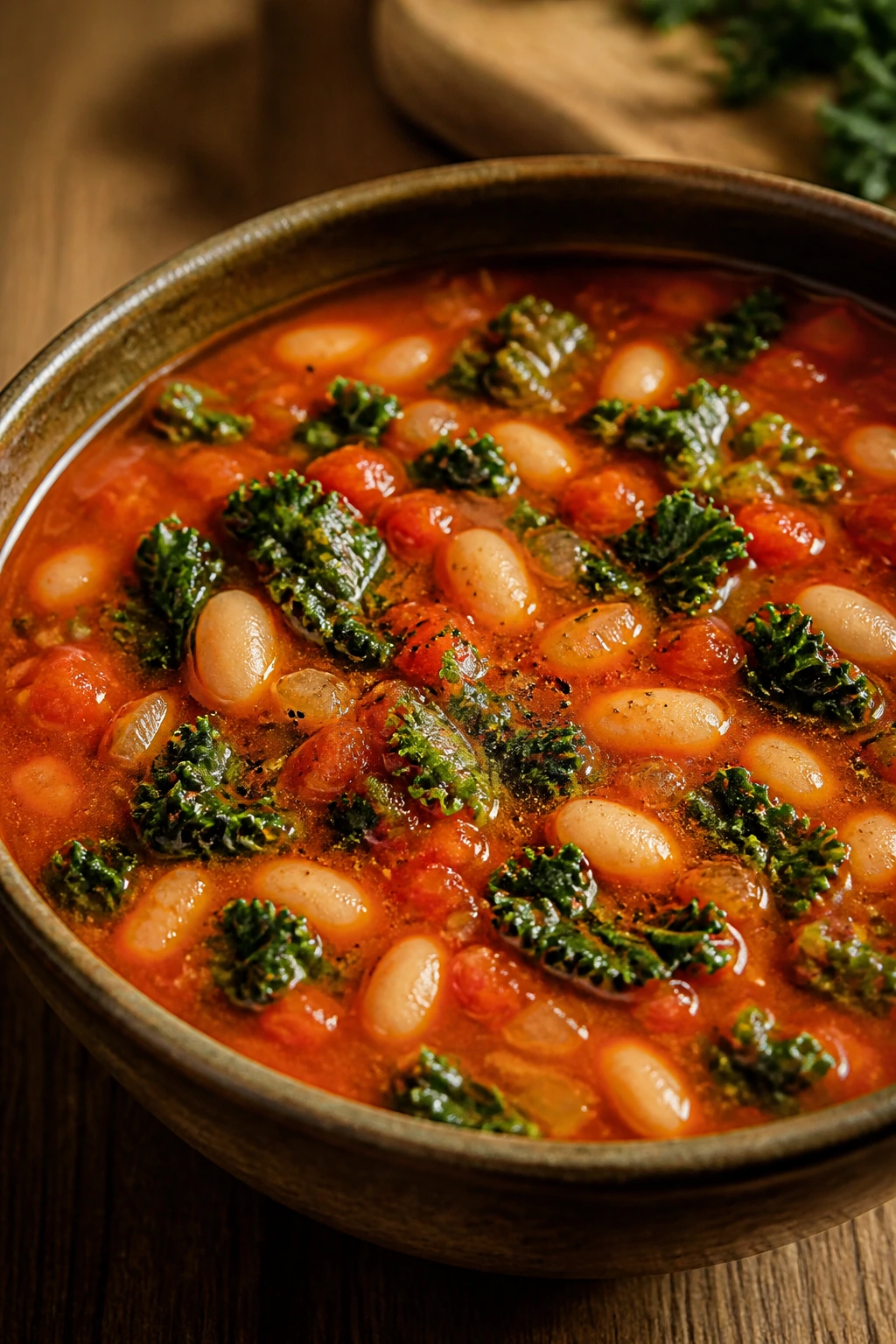 Creamy tomato soup with cannellini beans and kale in a bowl