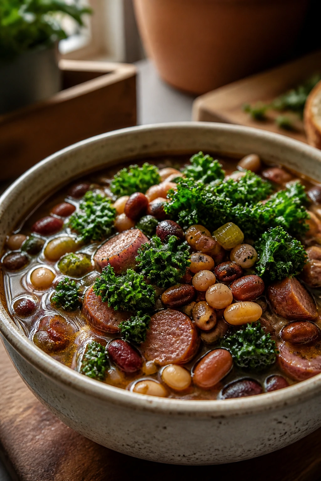 Bean soup with kale greens in a warm kitchen.