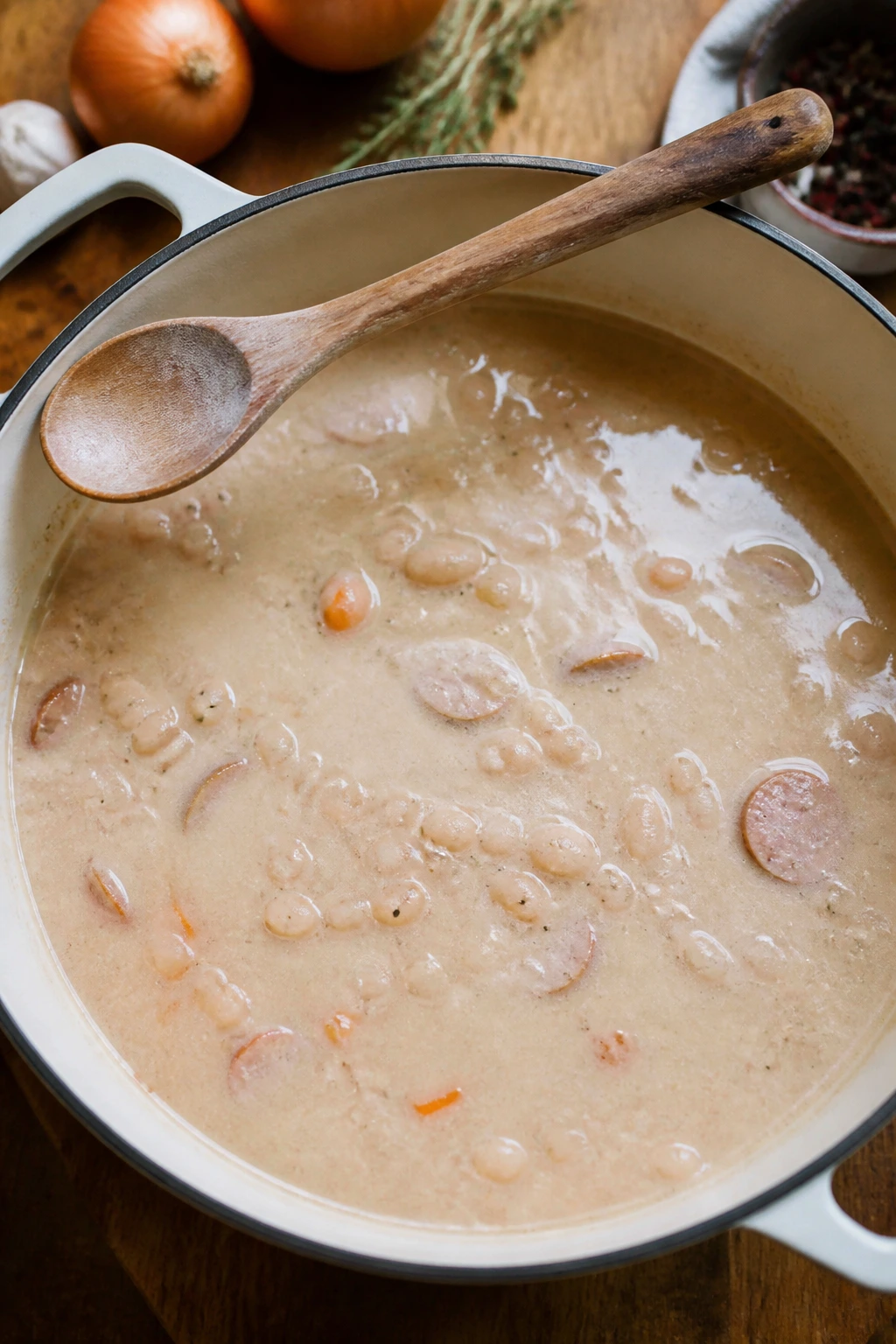 Flat pale bean soup in a pot with a spoon on the rim