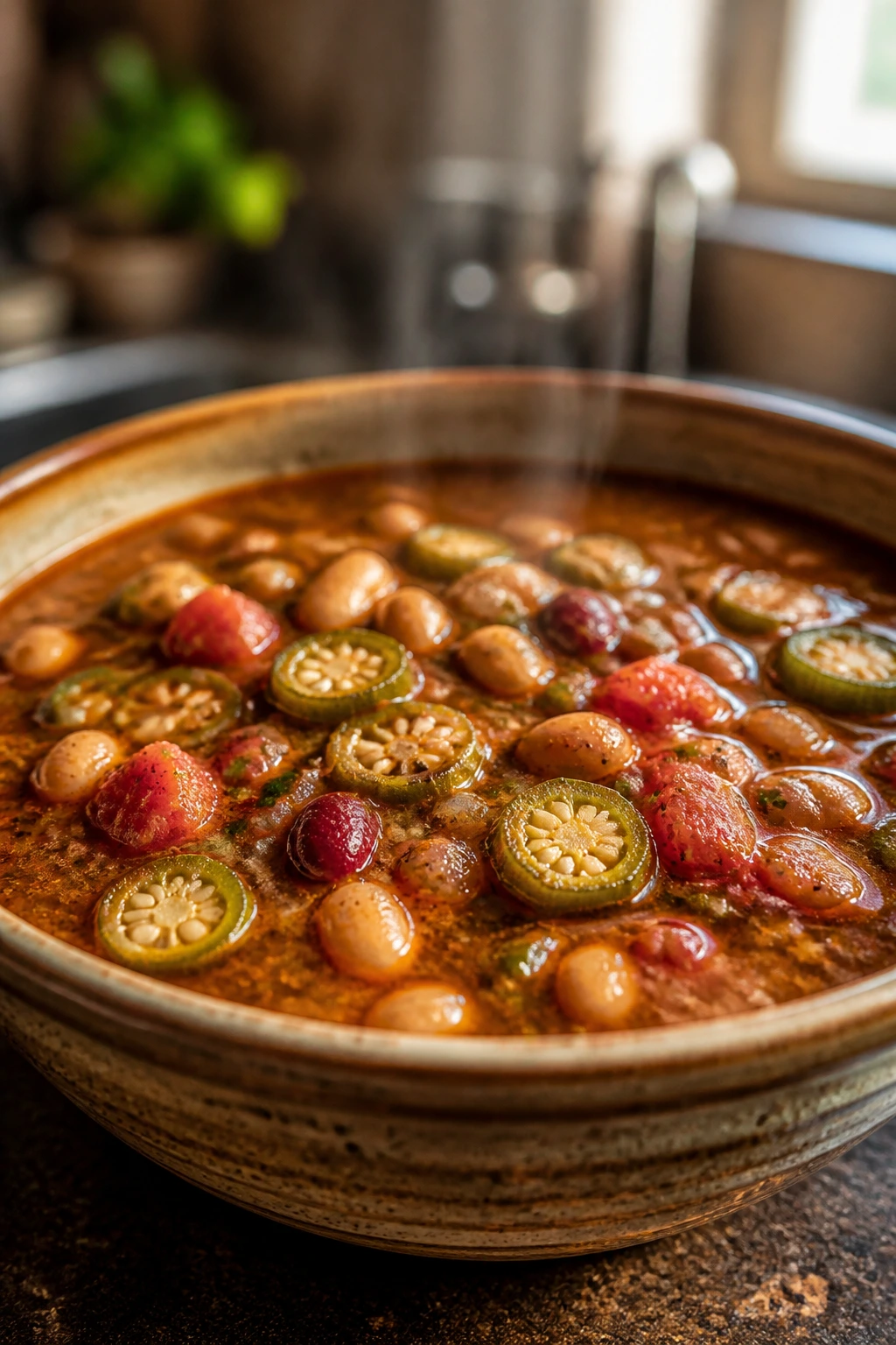 Close-up of Cajun bean soup with okra in a warm kitchen setting