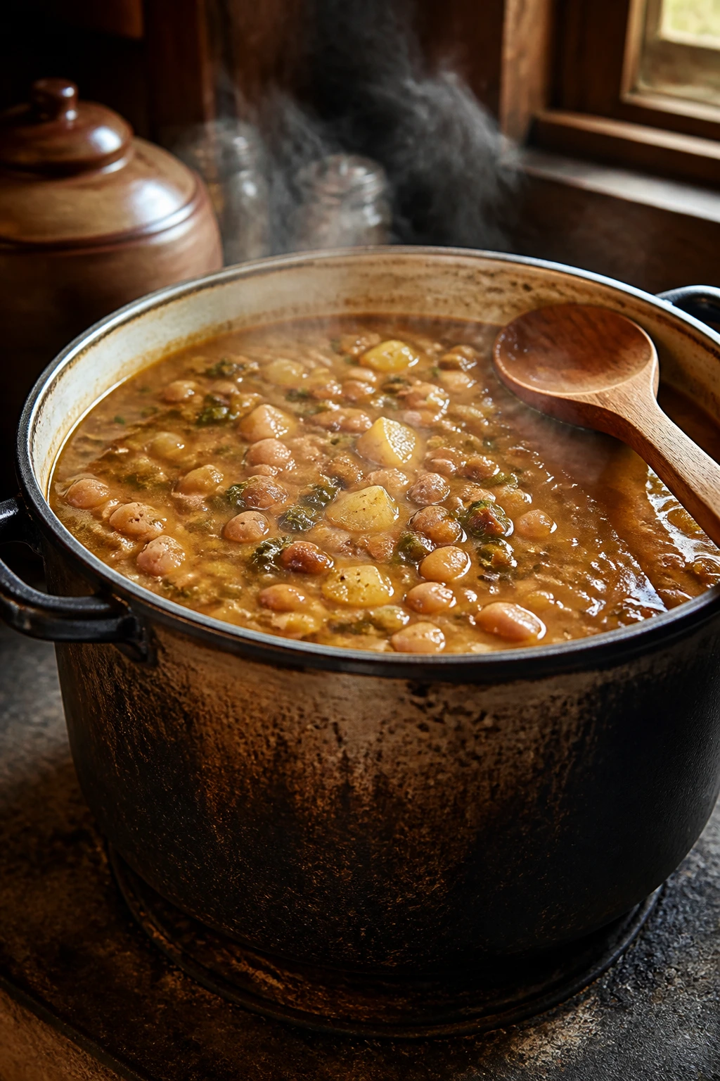 Close-up of a large pot of bean soup simmering with steam in a rustic kitchen