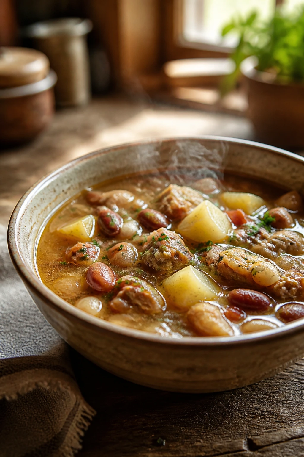 Steaming soup bowl with beans and potatoes in warm kitchen