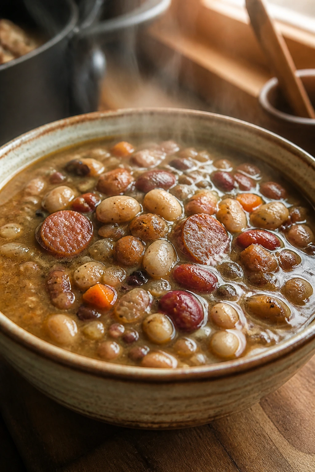 Close-up of a steaming thick 15-bean soup with sausage in a rustic bowl
