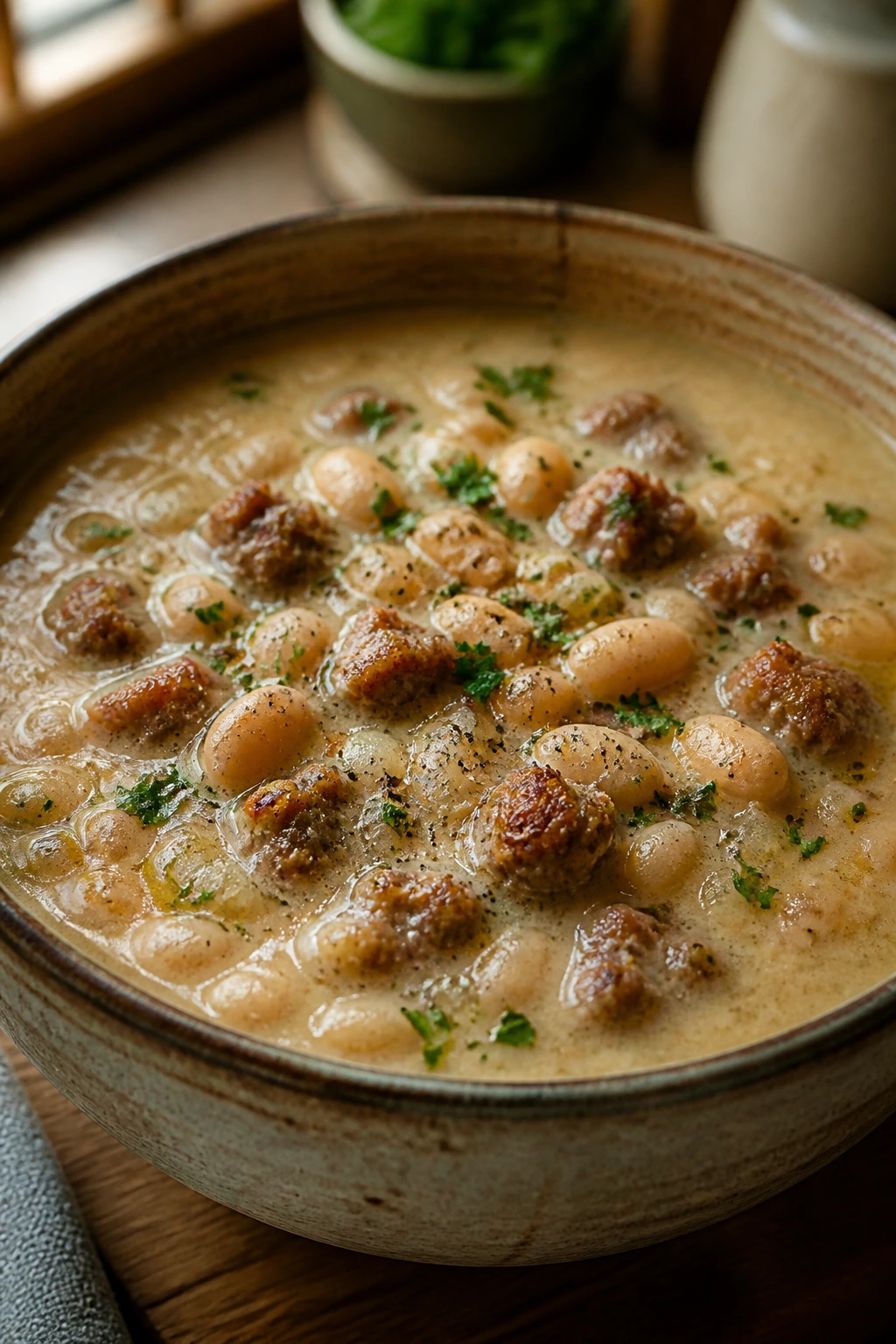 Close-up of creamy bean soup with sausage in a bowl on a warm kitchen counter