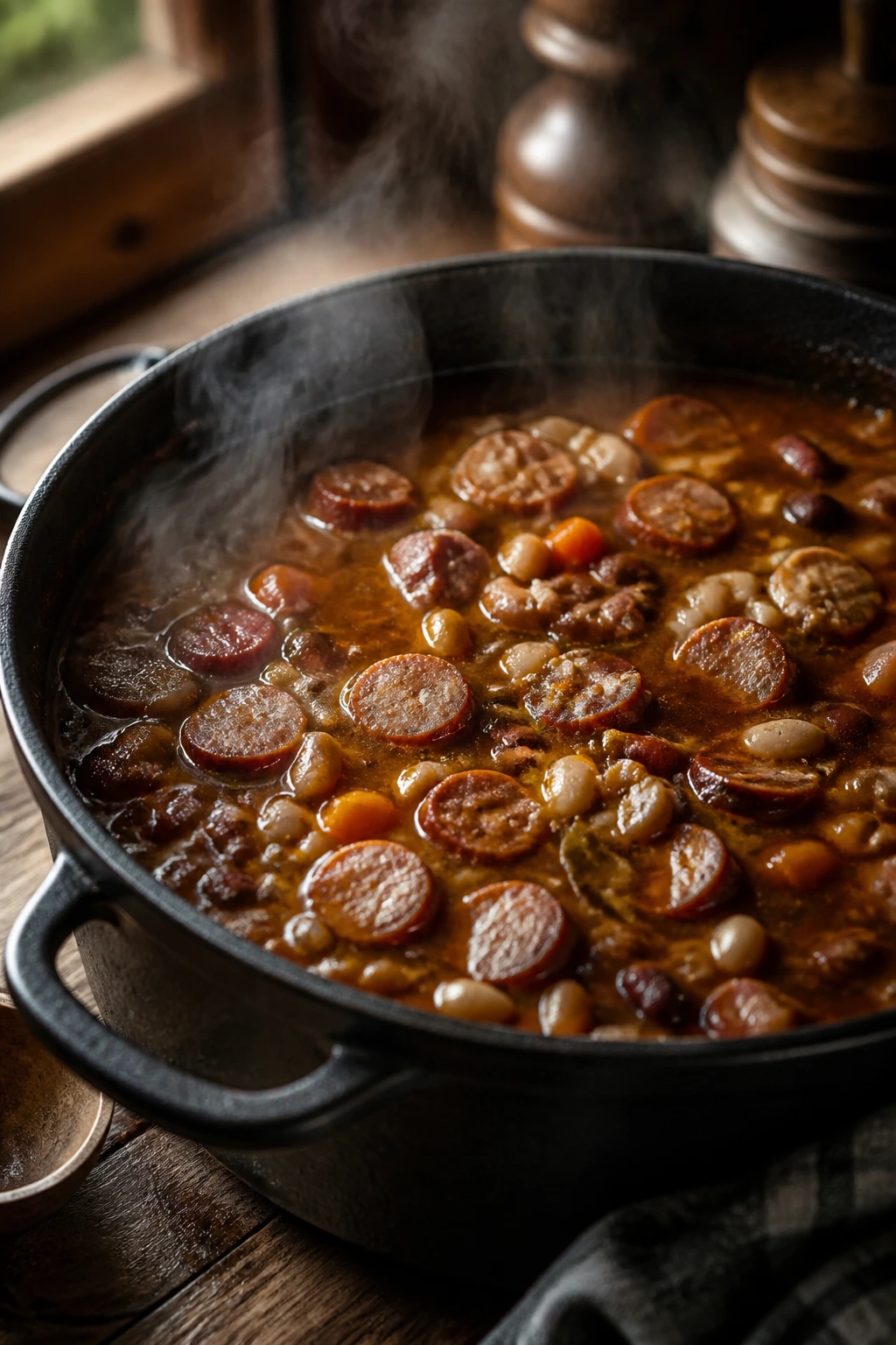 Close-up of a bubbling 15-bean soup with smoked sausage on a stovetop.