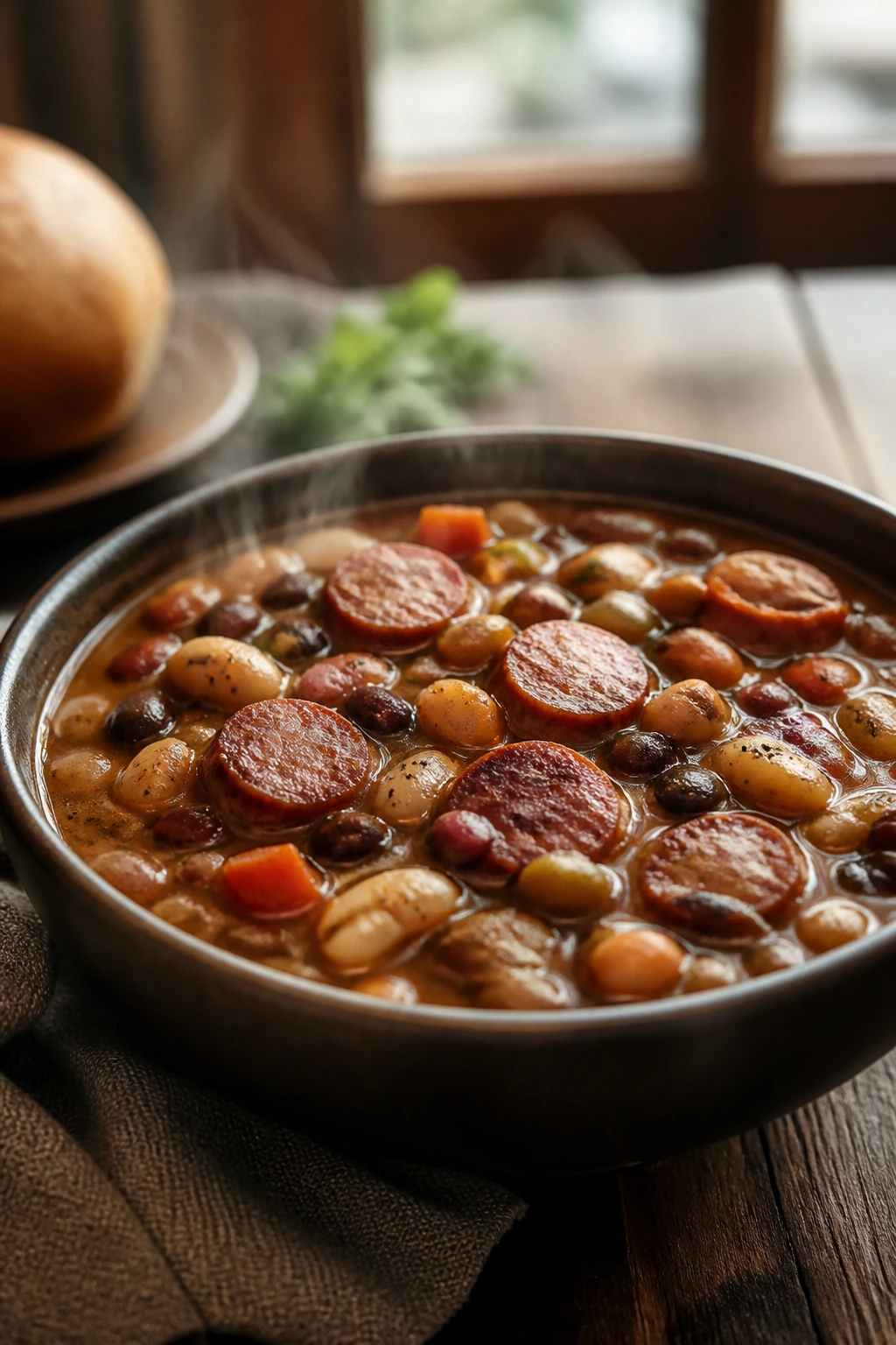 Steaming 15-bean soup with sausage in a rustic bowl, ready to serve.