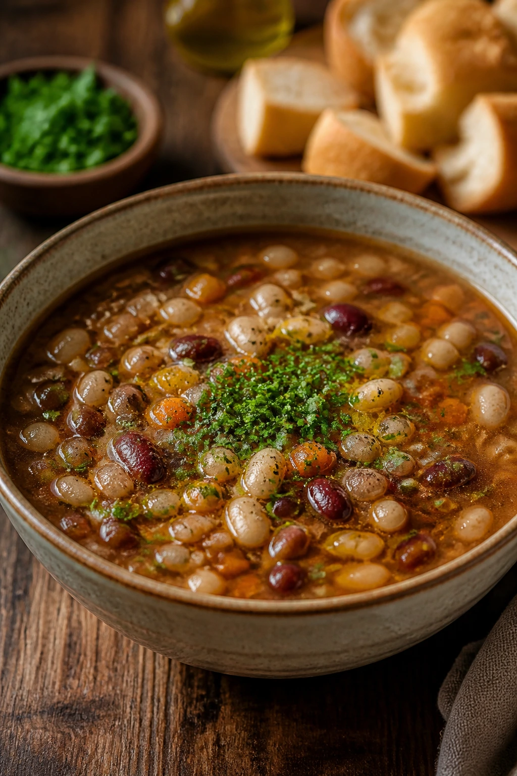 Deep ceramic bowl of steaming bean soup with parsley and olive oil on a wooden table