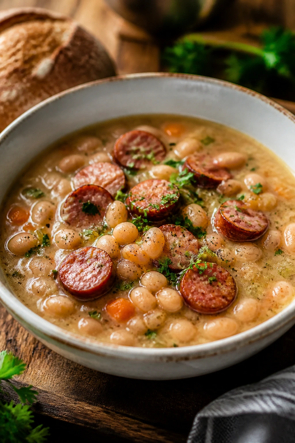 Creamy bean soup in a wide bowl with sausage coins and parsley