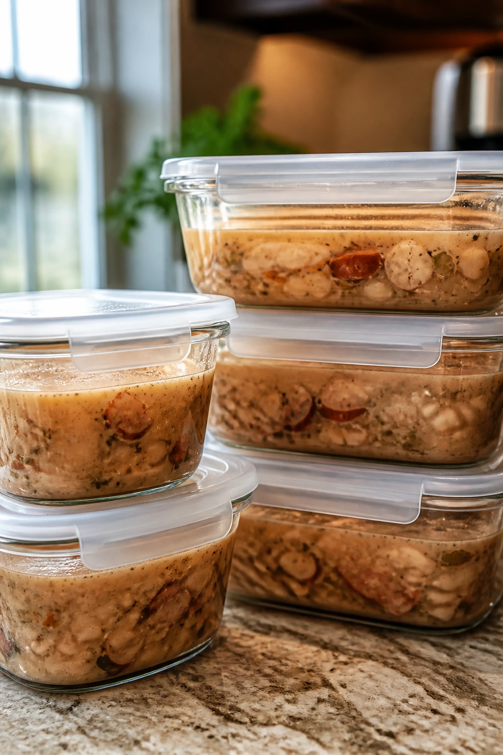 Glass containers filled with bean soup for storage
