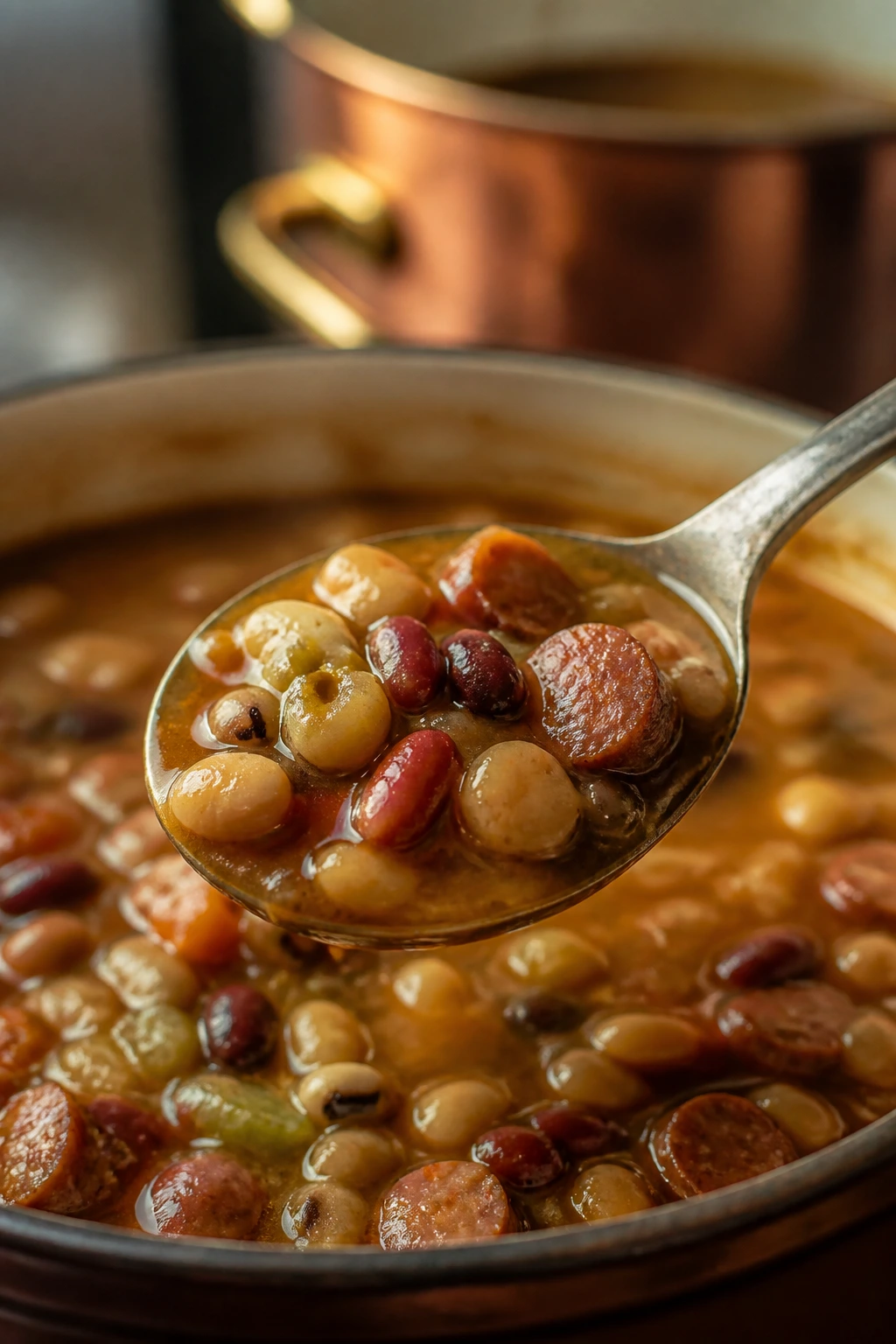 Close-up of a spoonful of glossy bean soup with visible beans and sausage.