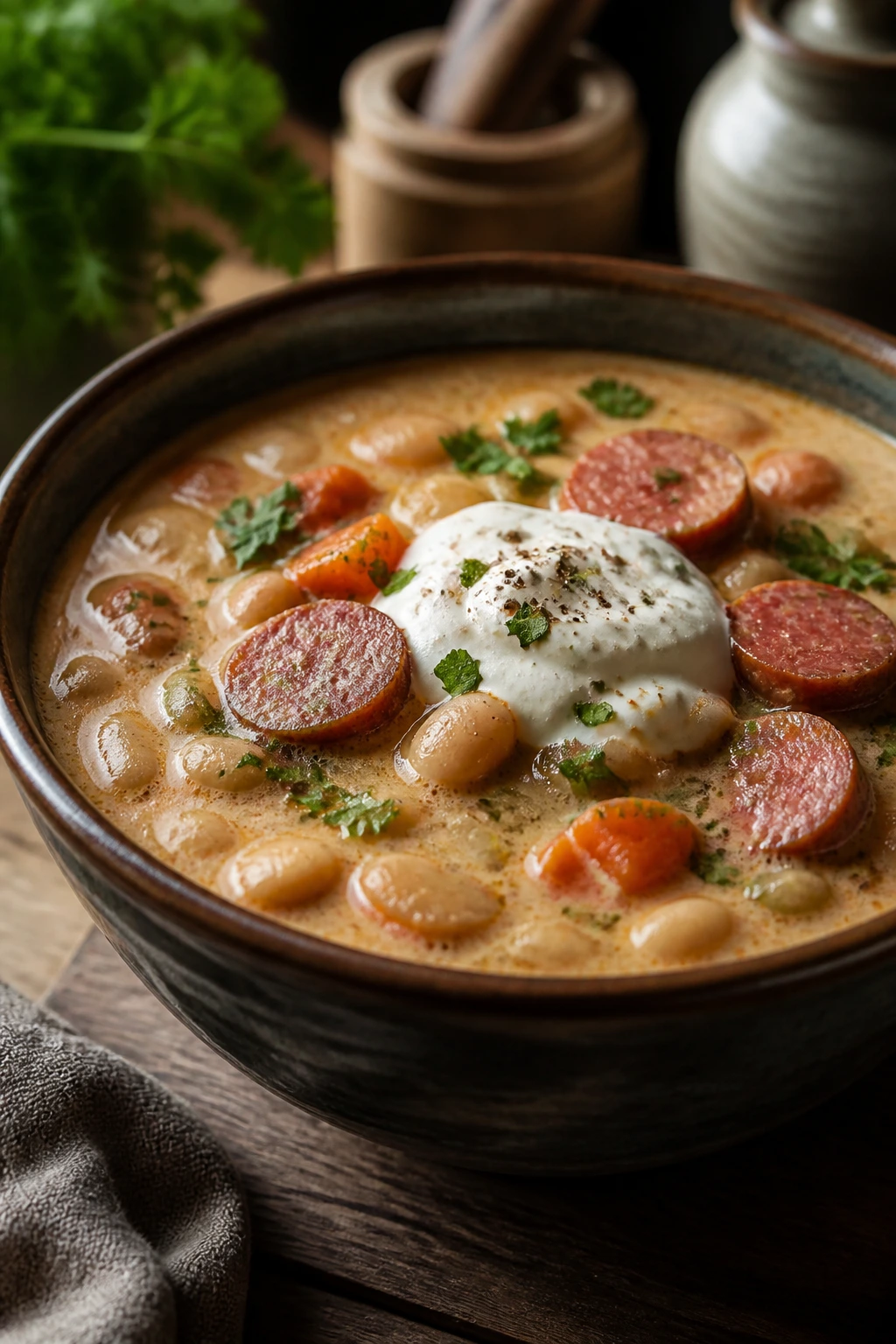 Creamy bean soup with sour cream swirl and kielbasa