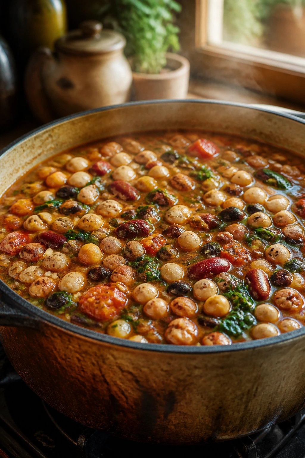 Close-up of rustic bean soup with mixed beans in tomato broth on a stove in a cozy kitchen.