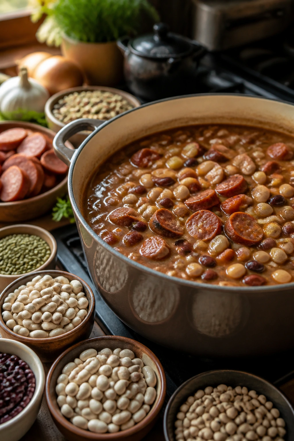 Pot of 15-bean soup on stove showing beans and sausage.