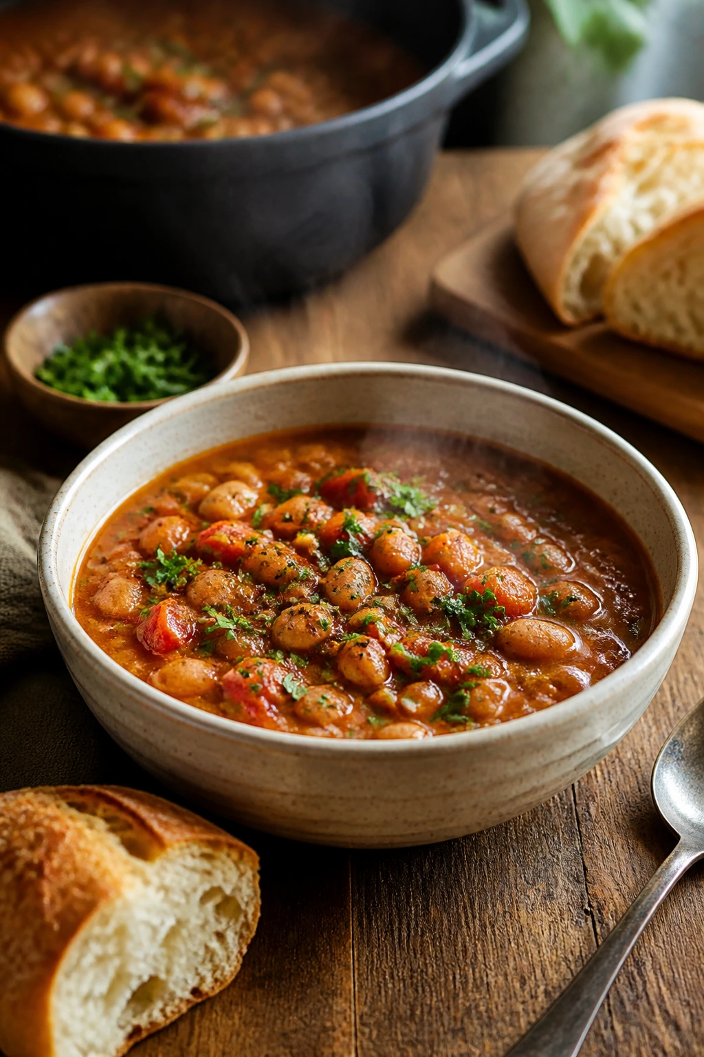 Close-up of a steaming bean stew with herbs on a wooden table