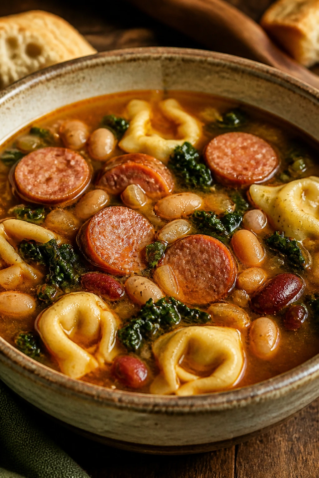 Steaming bowl of bean and tortellini soup with smoked sausage