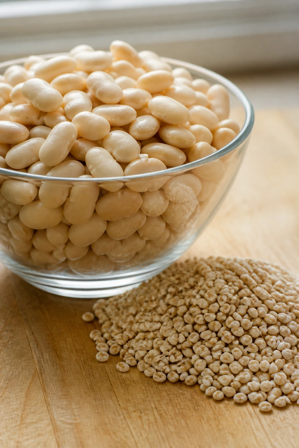 Beans and barley arranged in bowls on a wooden countertop