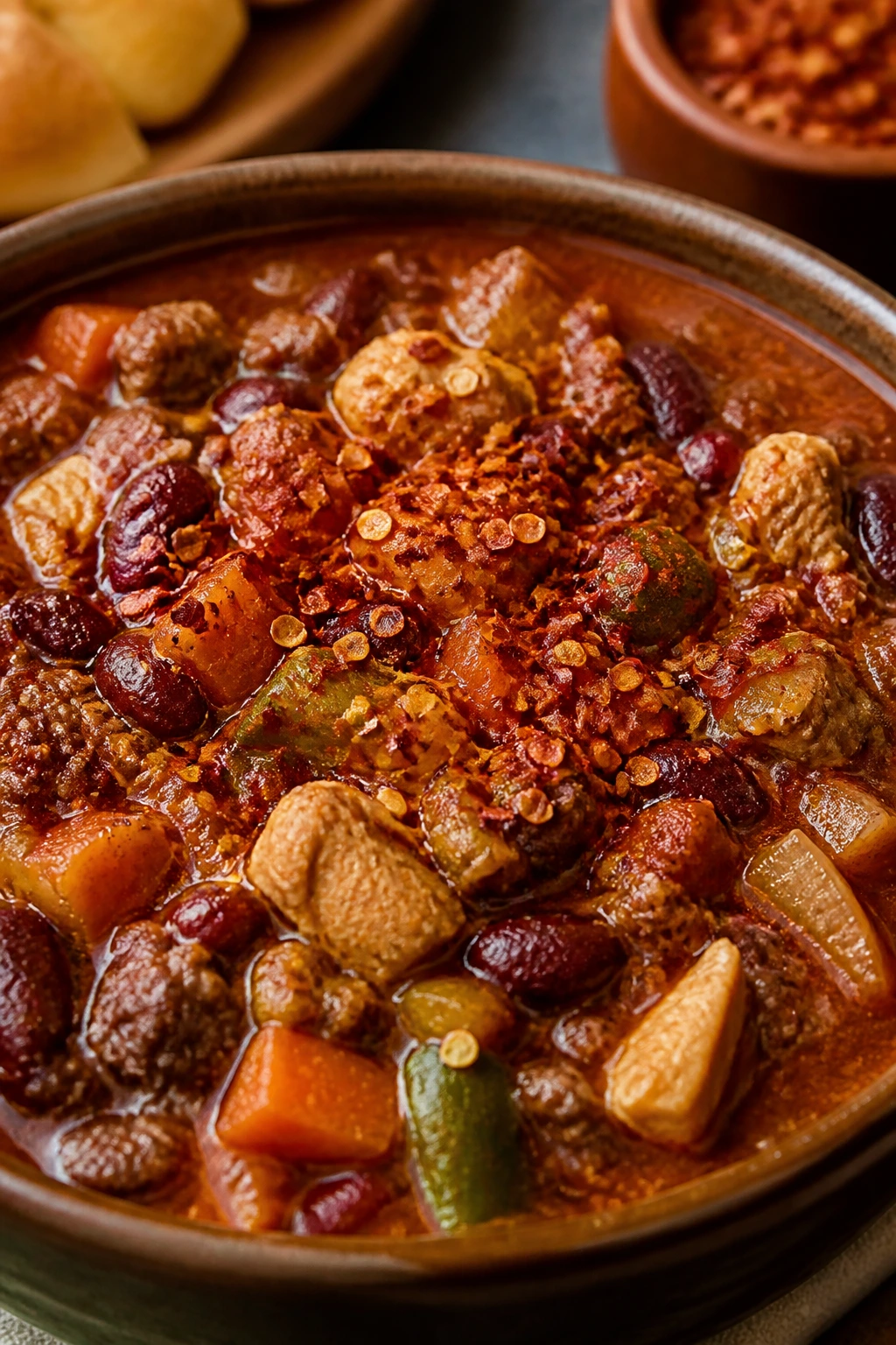 Hearty chili bowl with beans, beef, chicken, vegetables and chili flakes