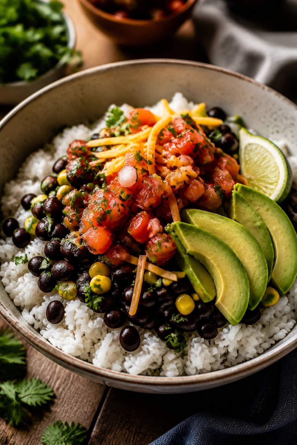 Close-up of a black bean taco bowl with rice, beans, corn, salsa, avocado on a kitchen counter