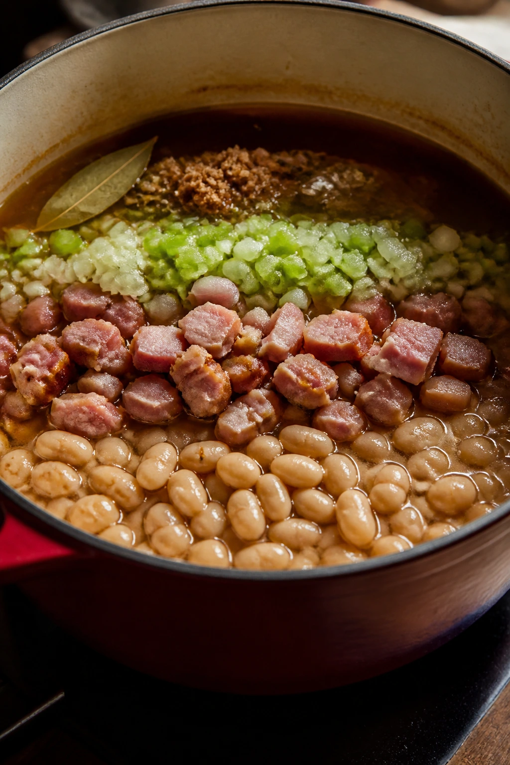 Layered beans in pot with broth