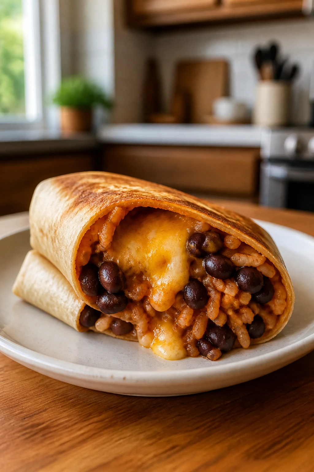 Close-up burrito cut open with bean and rice filling and melted cheese